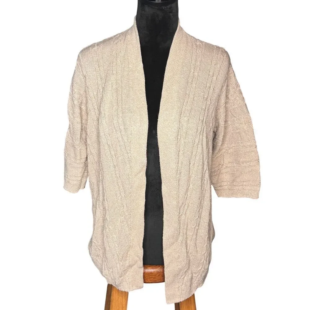 J. Jill Women's sz Small Oatmeal/Tan Open Front Cable Knit Cardigan Half Sleeves